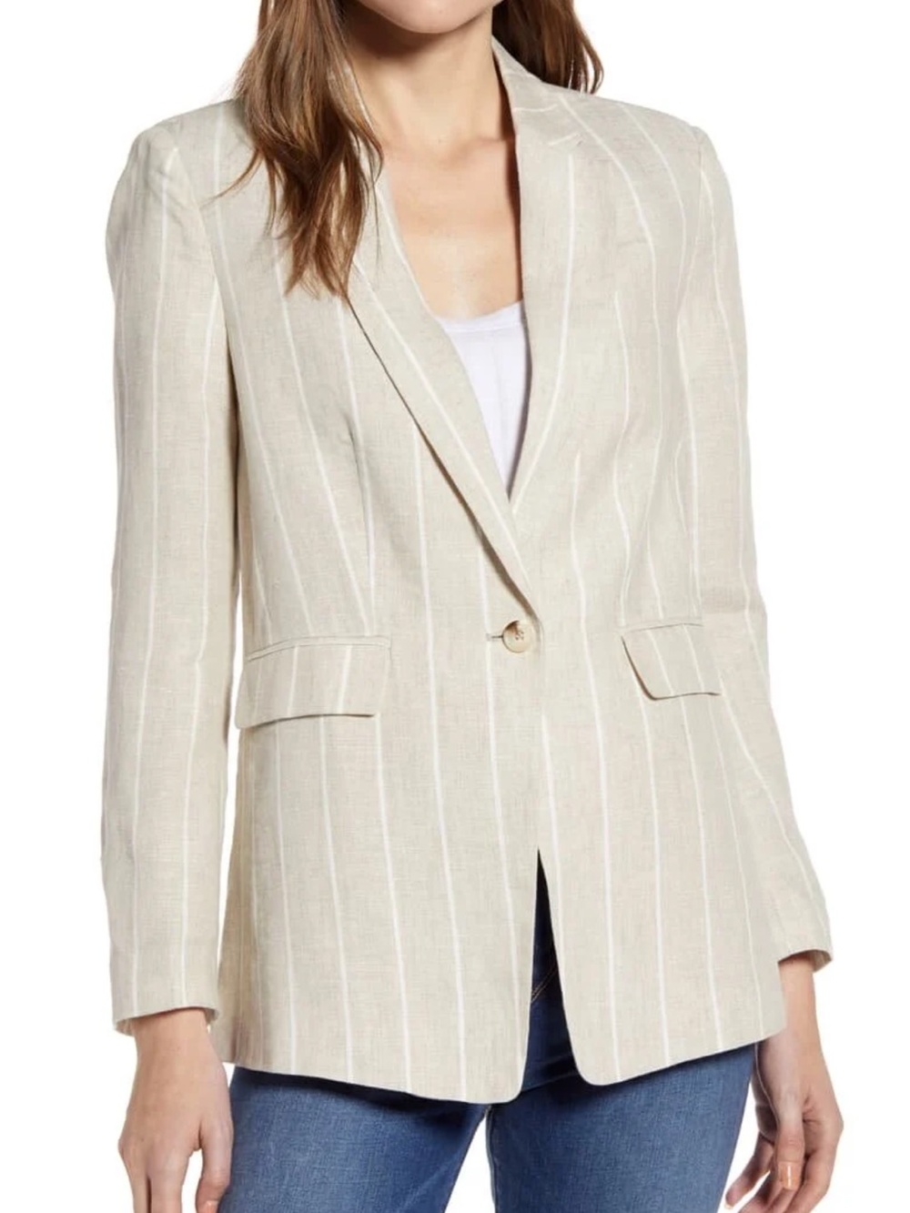 Evereve Beige Pinstripe Linen-Blend Blazer